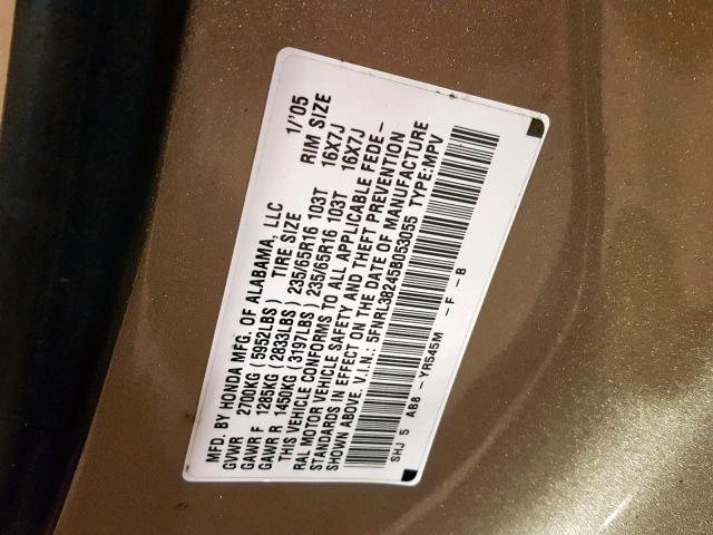 5FNRL38245B053055 - 2005 HONDA ODYSSEY LX TAN photo 10