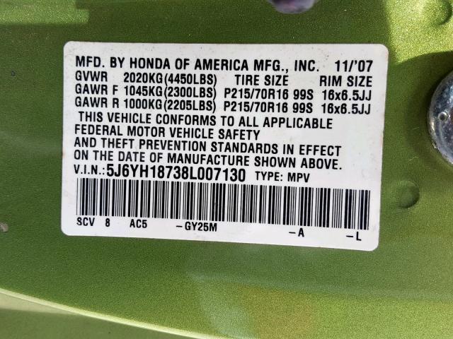 5J6YH18738L007130 - 2008 HONDA ELEMENT EX GREEN photo 10