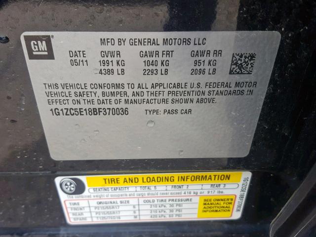 1G1ZC5E18BF370036 - 2011 CHEVROLET MALIBU 1LT შავი ფოტო 10