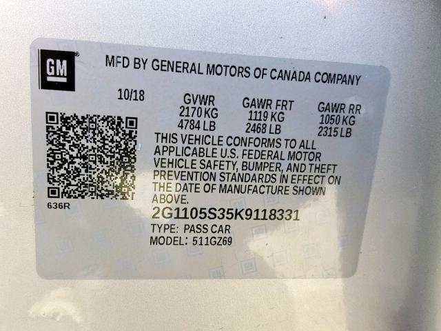 2G1105S35K9118331 - 2019 CHEVROLET IMPALA PRE SILVER photo 10