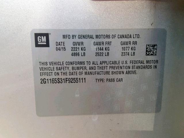 2G1165S31F9255111 - 2015 CHEVROLET IMPALA LTZ SILVER photo 10