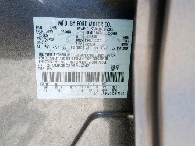 2FMDK39C99BA44242 - 2009 FORD EDGE LIMIT GRAY photo 10