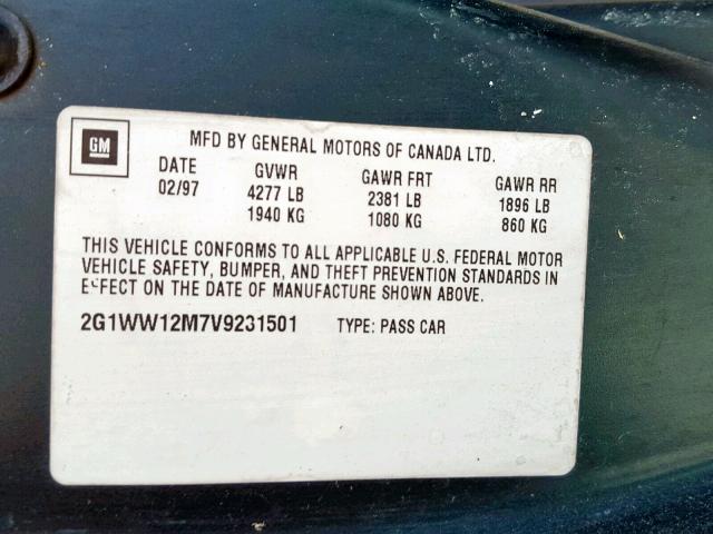 2G1WW12M7V9231501 - 1997 CHEVROLET MONTE CARL მწვანე ფოტო 10