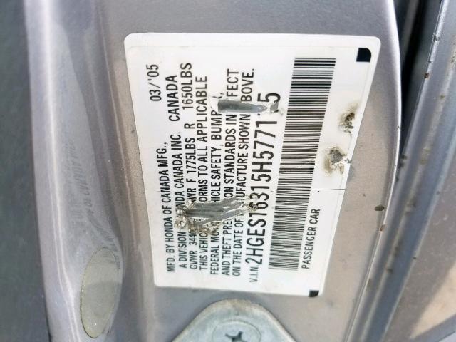 2HGES16315H577115 - 2005 HONDA CIVIC DX V SILVER photo 10