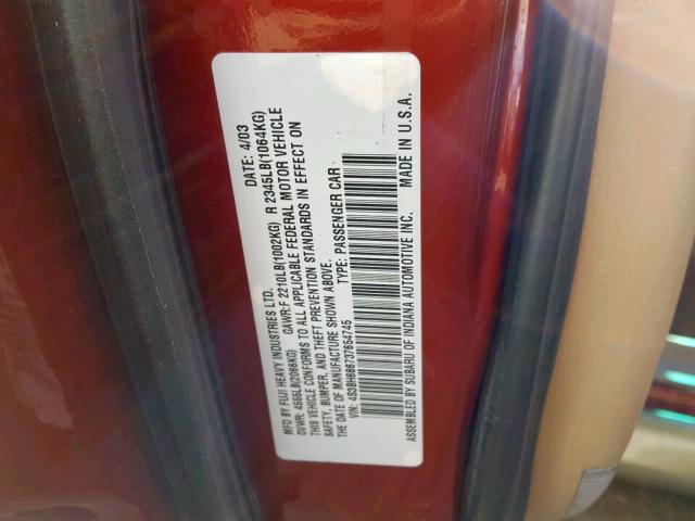 4S3BH686737654745 - 2003 SUBARU LEGACY OUT RED photo 10