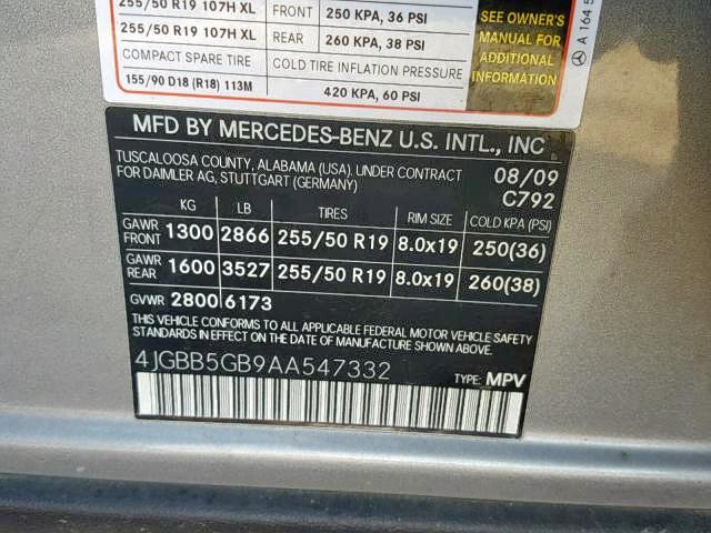 4JGBB5GB9AA547332 - 2010 MERCEDES-BENZ ML 350 SILVER photo 10