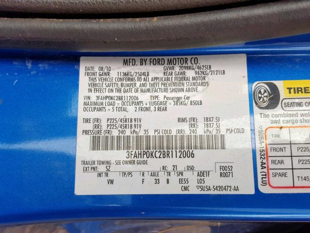 3FAHP0KC2BR112006 - 2011 FORD FUSION SPO BLUE photo 10