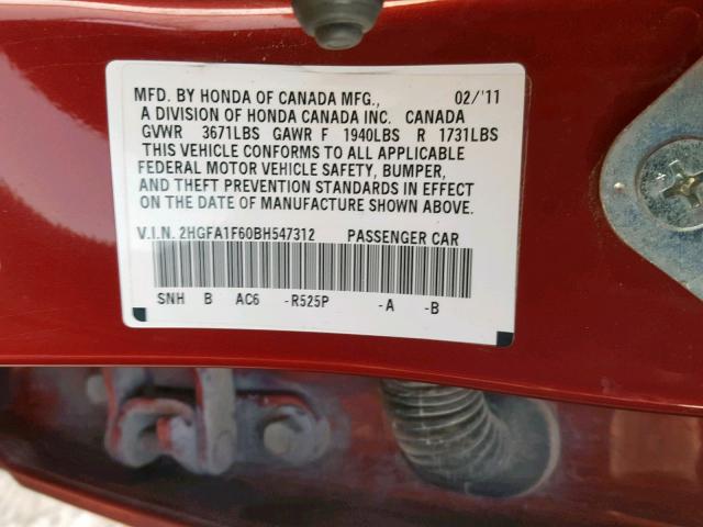 2HGFA1F60BH547312 - 2011 HONDA CIVIC LX-S أحمر صورة 10