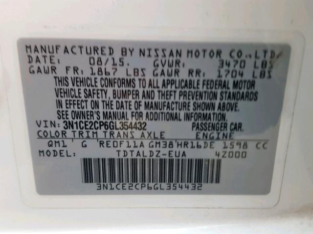 3N1CE2CP6GL354432 - 2016 NISSAN VERSA NOTE WHITE photo 10