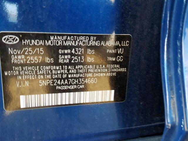 5NPE24AA7GH354660 - 2016 HYUNDAI SONATA ECO BLUE photo 10