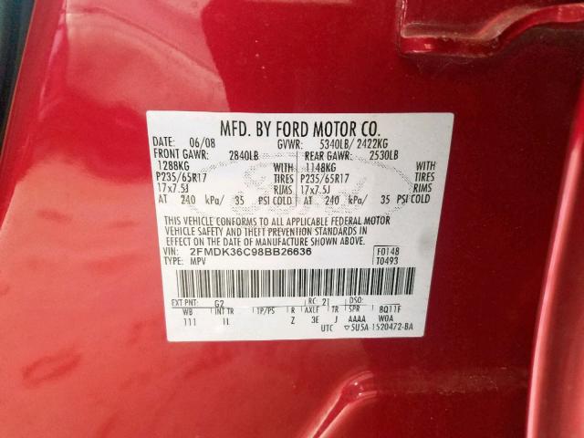 2FMDK36C98BB26636 - 2008 FORD EDGE SE RED photo 10