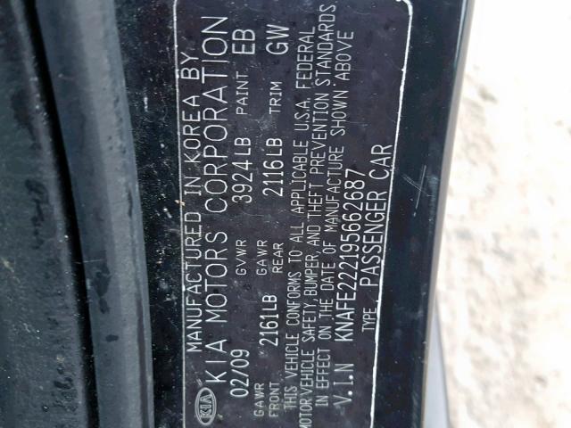 KNAFE222195662687 - 2009 KIA SPECTRA EX BLACK photo 10