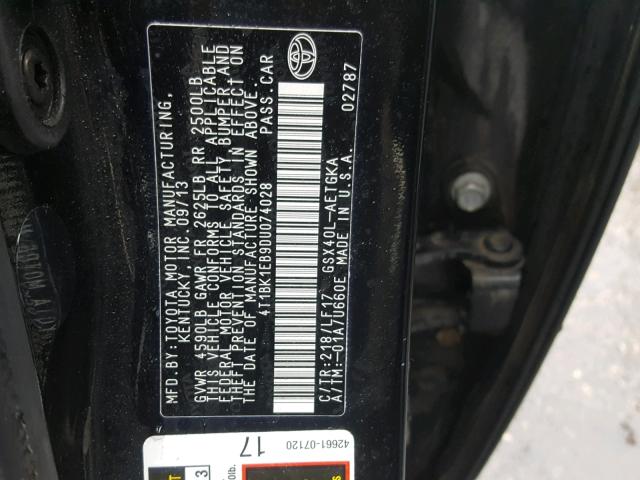 4T1BK1EB9DU074028 - 2013 TOYOTA AVALON BAS 黑色 照片 10