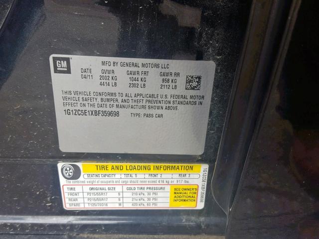1G1ZC5E1XBF359698 - 2011 CHEVROLET MALIBU 1LT BLACK photo 10