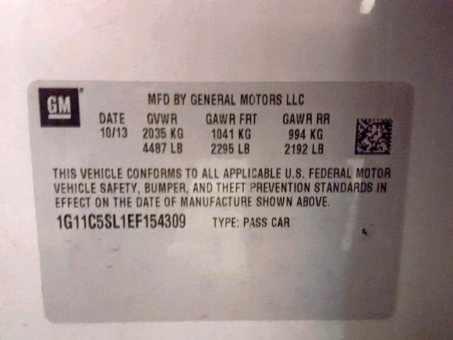 1G11C5SL1EF154309 - 2014 CHEVROLET MALIBU 1LT ვერცხლისფერი ფოტო 10