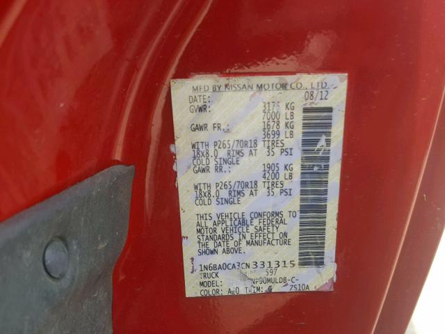 1N6BA0CA3CN331315 - 2012 NISSAN TITAN S RED photo 10