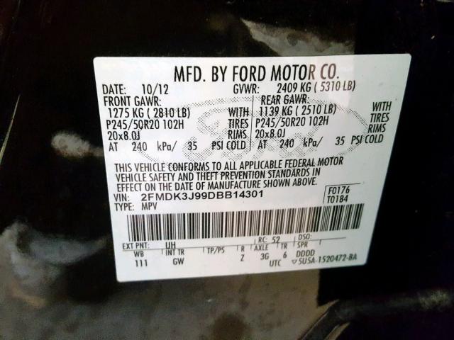 2FMDK3J99DBB14301 - 2013 FORD EDGE SEL BLACK photo 10