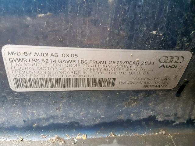 WAUDG74F85N104134 - 2005 AUDI A6 3.2 QUA BLUE photo 10