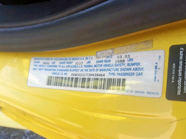 3VWCK21C73M439464 - 2003 VOLKSWAGEN NEW BEETLE YELLOW photo 10