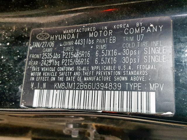 KM8JM12B66U394839 - 2006 HYUNDAI TUCSON GL BLACK photo 10