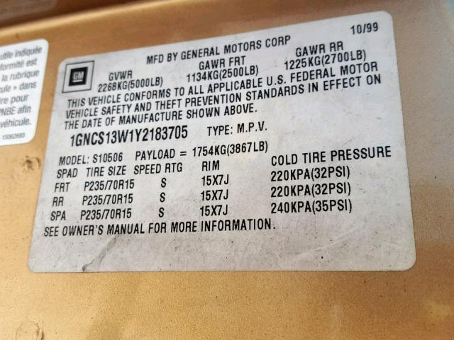 1GNCS13W1Y2183705 - 2000 CHEVROLET BLAZER GOLD photo 10