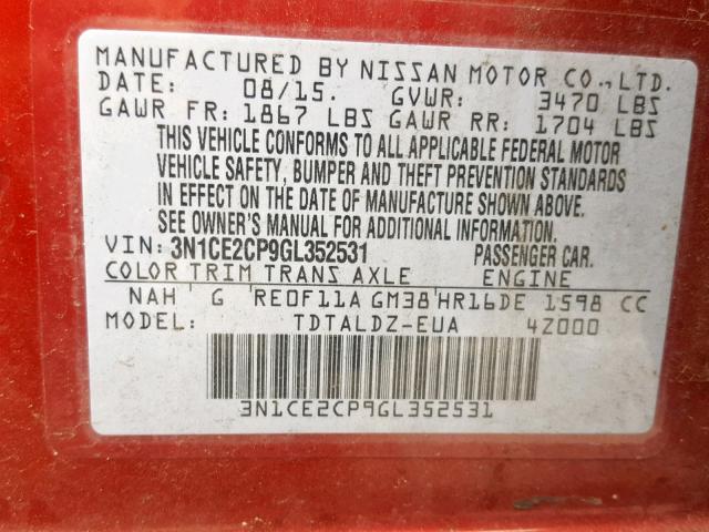 3N1CE2CP9GL352531 - 2016 NISSAN VERSA NOTE BURGUNDY photo 10