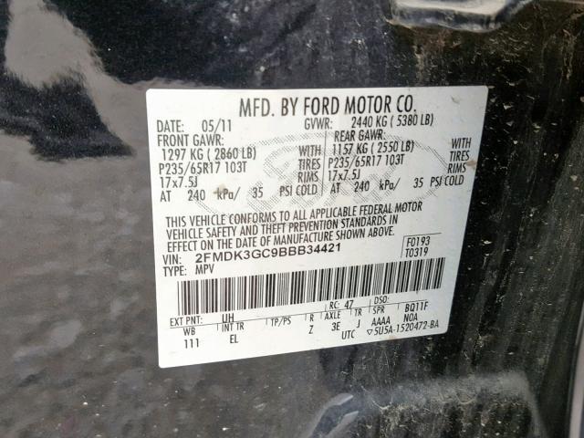 2FMDK3GC9BBB34421 - 2011 FORD EDGE SE BLACK photo 10