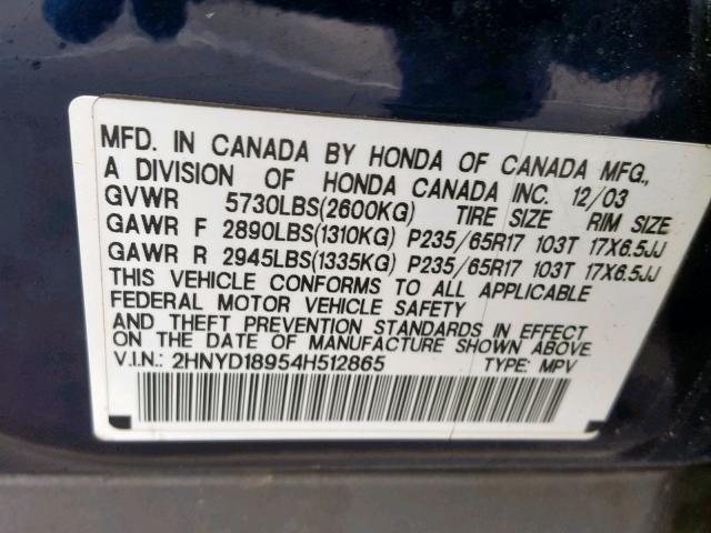 2HNYD18954H512865 - 2004 ACURA MDX TOURIN BLUE photo 10