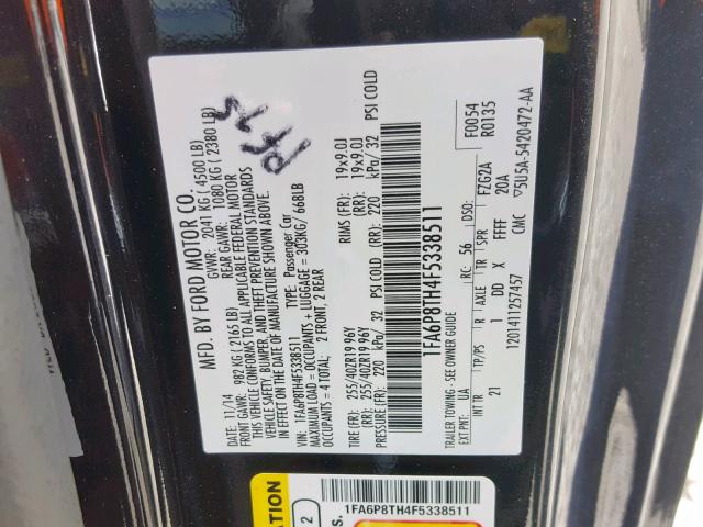 1FA6P8TH4F5338511 - 2015 FORD MUSTANG BLACK photo 10