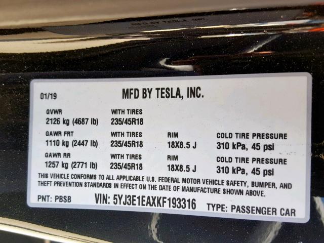 5YJ3E1EAXKF193316 - 2019 TESLA MODEL 3 BLACK photo 10