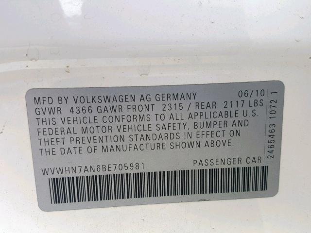 WVWHN7AN6BE705981 - 2011 VOLKSWAGEN CC LUXURY WHITE photo 10