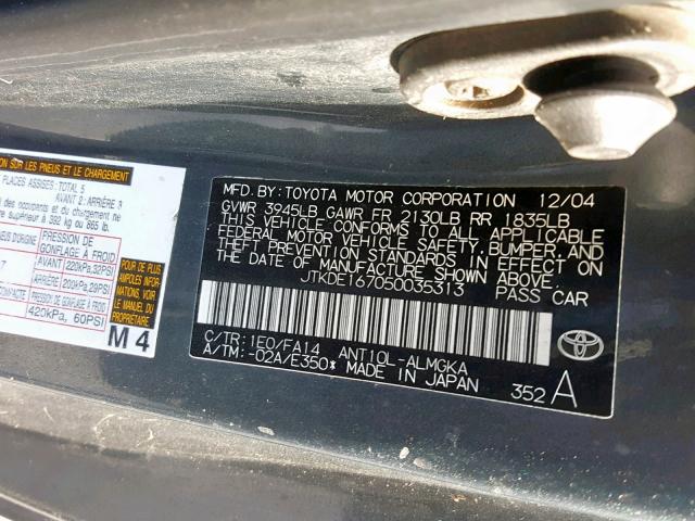 JTKDE167050035313 - 2005 TOYOTA SCION TC BLACK photo 10