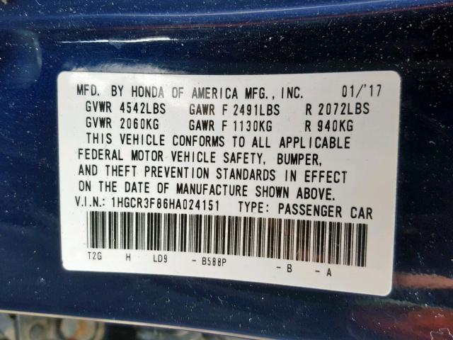 1HGCR3F86HA024151 - 2017 HONDA ACCORD EXL BLUE photo 10