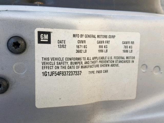 1G1JF54F837237337 - 2003 CHEVROLET CAVALIER L SILVER photo 10