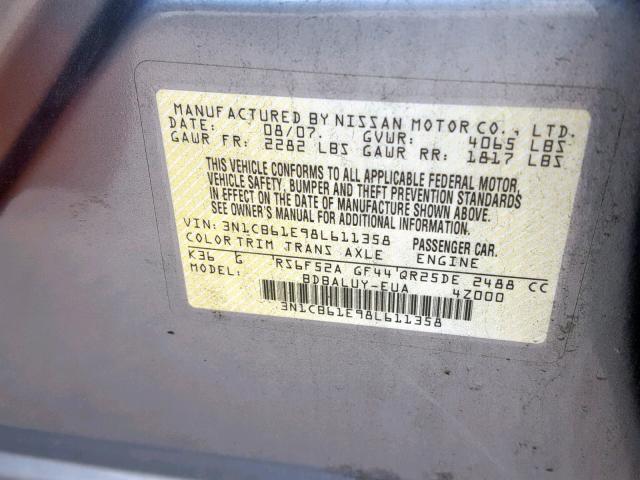 3N1CB61E98L611358 - 2008 NISSAN SENTRA SE- GRAY photo 10