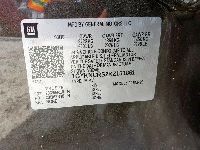 1GYKNCRS2KZ131861 - 2019 CADILLAC XT5 LUXURY CHARCOAL photo 10