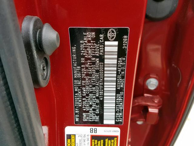 4T1B21FB7KU003003 - 2019 TOYOTA AVALON XLE BURGUNDY photo 10