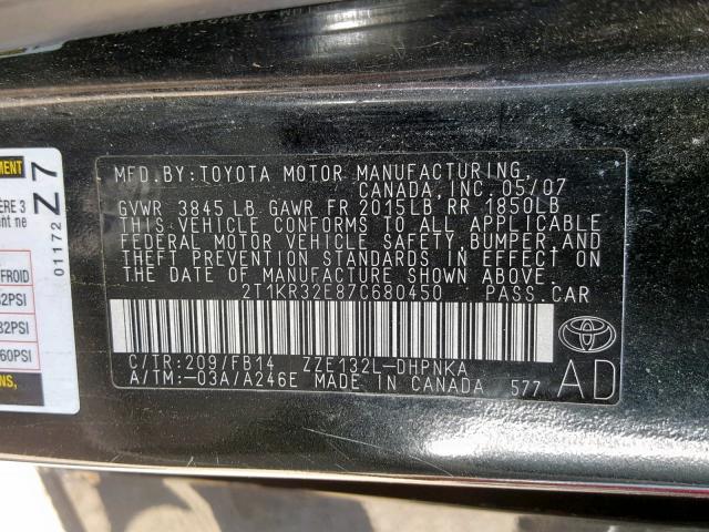 2T1KR32E87C680450 - 2007 TOYOTA MATRIX 黑色 照片 10