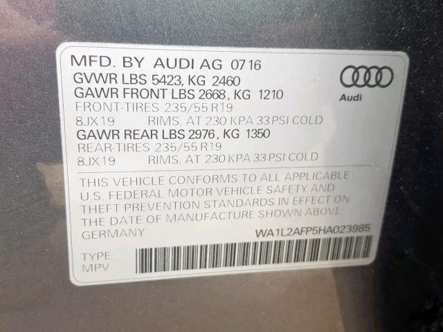 WA1L2AFP5HA023985 - 2017 AUDI Q5 PREMIUM CHARCOAL photo 10