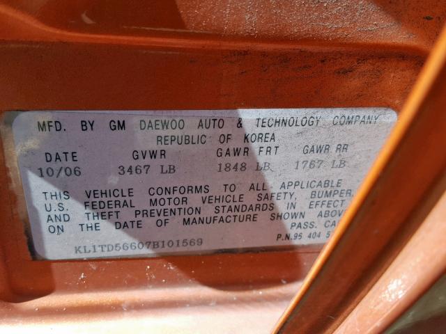 KL1TD56607B101569 - 2007 CHEVROLET AVEO BASE Қызғылт сары фото 10