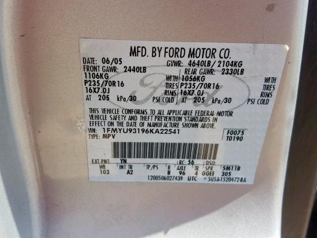 1FMYU93196KA22541 - 2006 FORD ESCAPE XLT GRAY photo 10