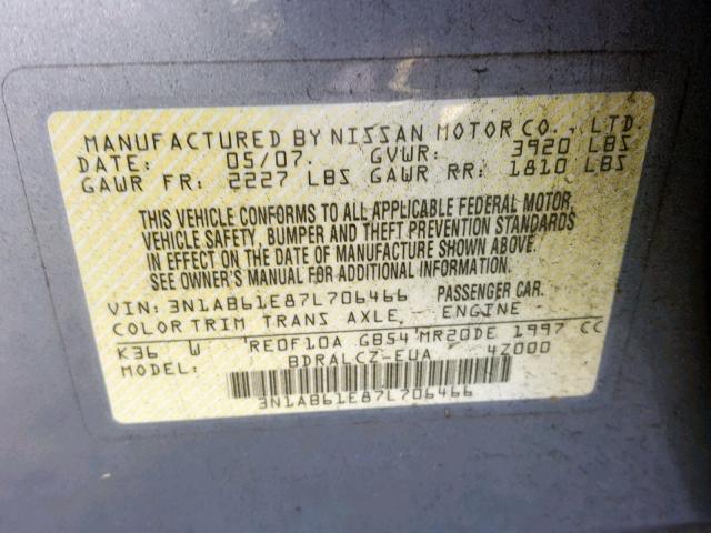 3N1AB61E87L706466 - 2007 NISSAN SENTRA 2.0 SILVER photo 10