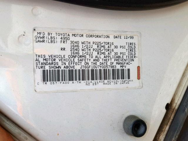 JT6GF10U7Y0057983 - 2000 LEXUS RX 300 WHITE photo 10