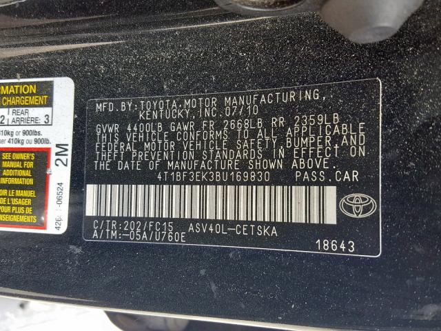 4T1BF3EK3BU169830 - 2011 TOYOTA CAMRY BASE BLACK photo 10