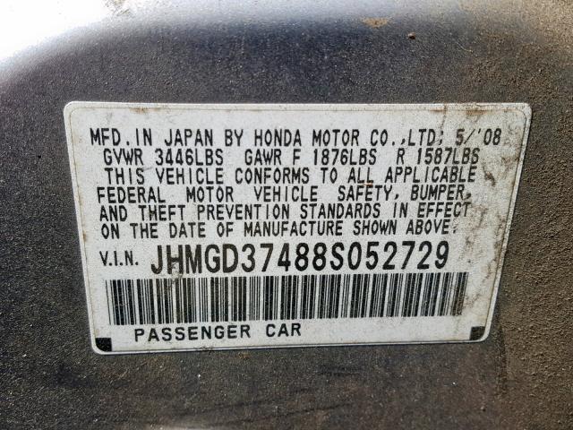 JHMGD37488S052729 - 2008 HONDA FIT GRAY photo 10