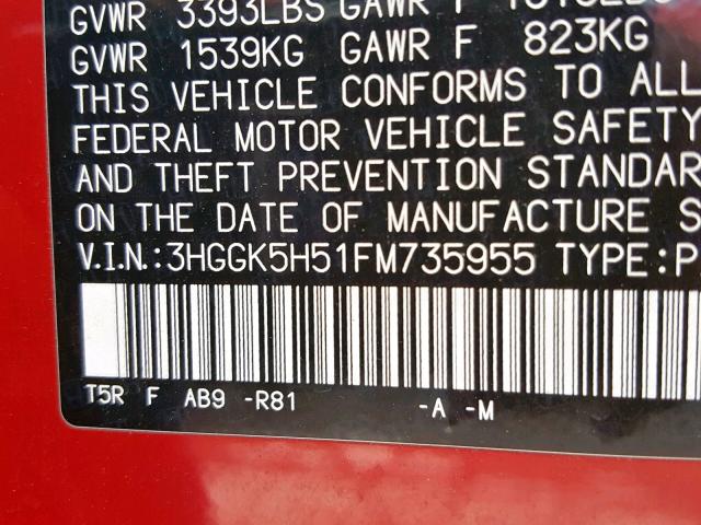 3HGGK5H51FM735955 - 2015 HONDA FIT LX RED photo 10