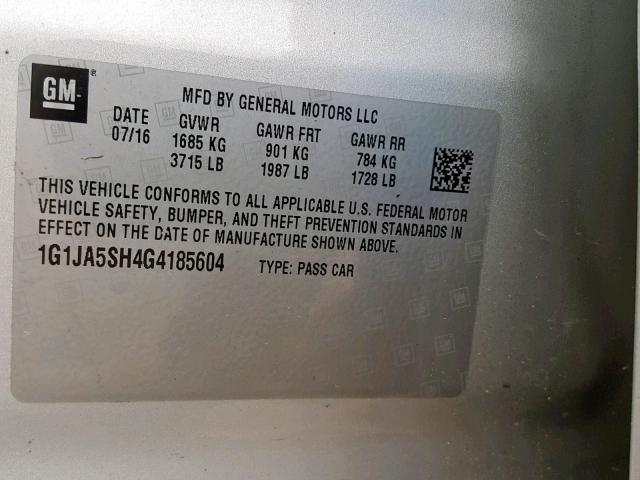 1G1JA5SH4G4185604 - 2016 CHEVROLET SONIC LS SILVER photo 10