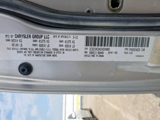 2C3CCACGXCH224805 - 2012 CHRYSLER 300 LIMITE SILVER photo 10