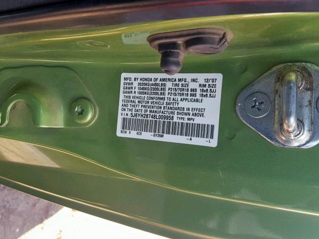 5J6YH28748L009958 - 2008 HONDA ELEMENT EX GREEN photo 10