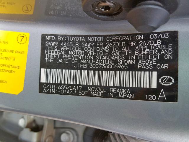 JTHBF30G736006965 - 2003 LEXUS ES 300 GREEN photo 10